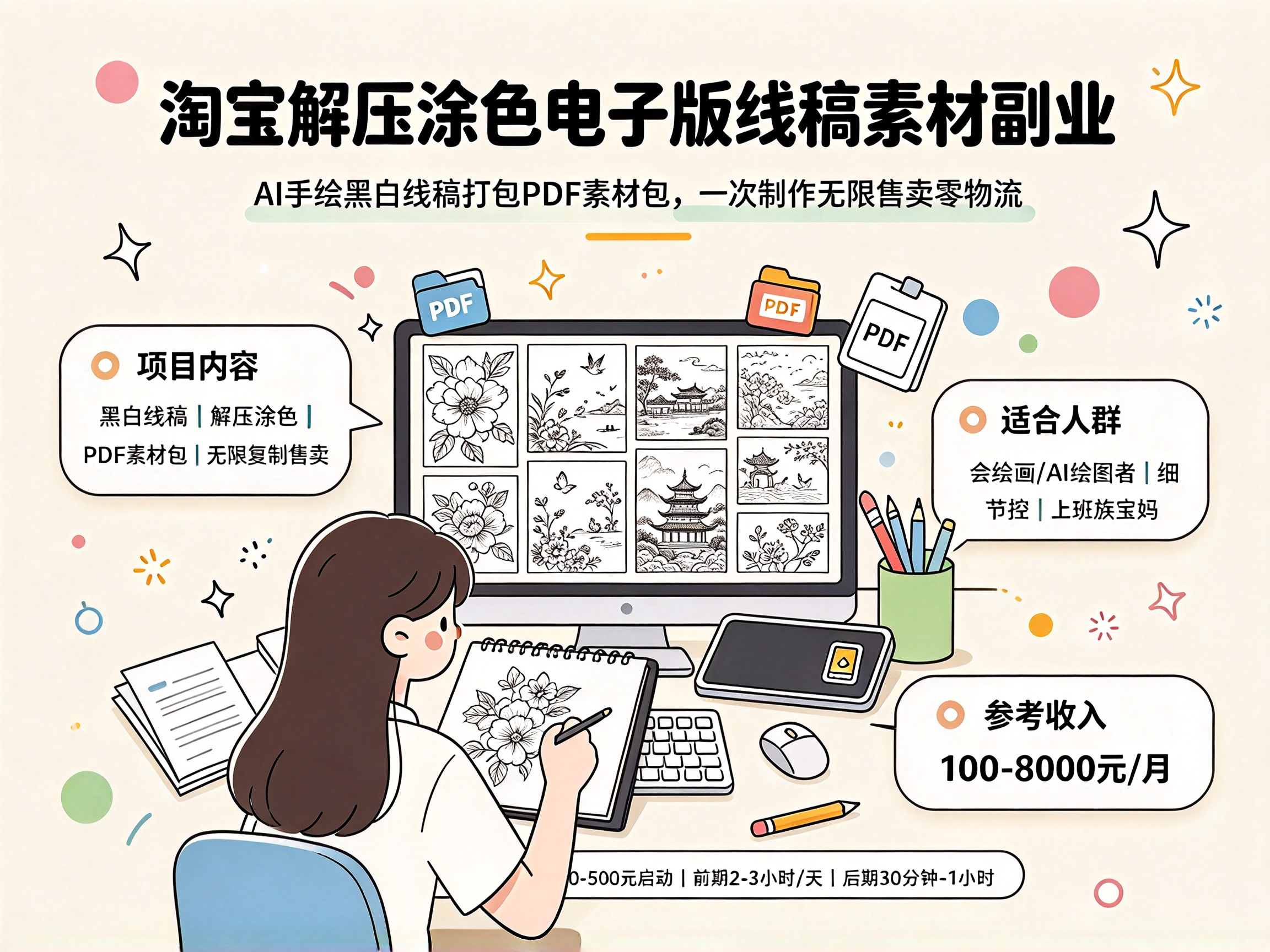 卖解压涂色电子版线稿素材 - 副业项目封面